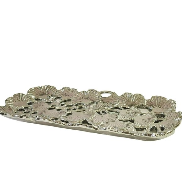 Vintage Heavy Decorative Embossed Silver Ceramic Platter Tray Size 16.5in - Picture 6 of 9